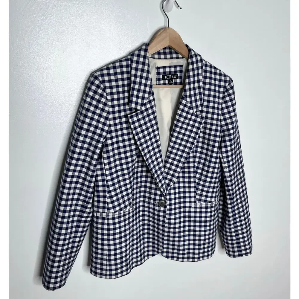 J.Crew Parke Blazer Gingham Bi-Stretch Cotton Navy White Check Size 12